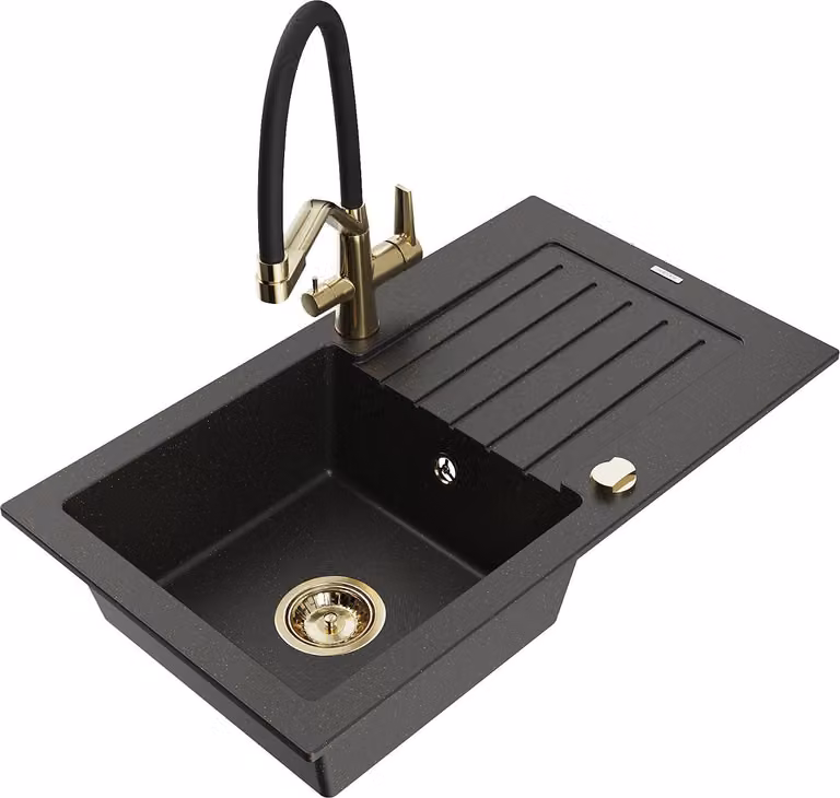 Mexen Pablo lavello in granito a 1 vasca con scolapiatti e rubinetto Duo, nero/oro metallizzato - 6510-75-671701-57-G