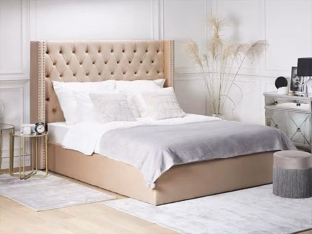 Letto con contenitore Beliani in velluto beige con testiera alta L/P/H: 160 x 200 x 110 cm – 1