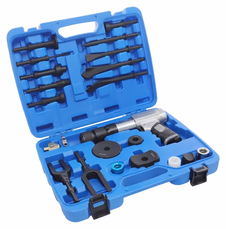 Martello pneumatico, velocità di impatto 2200 colpi al minuto, attacco per scalpelli 10 mm, corsa utile 98 mm, pressione di esercizio 0,6-0,8 MPa, attacco per aria compressa 1/4 di pollice