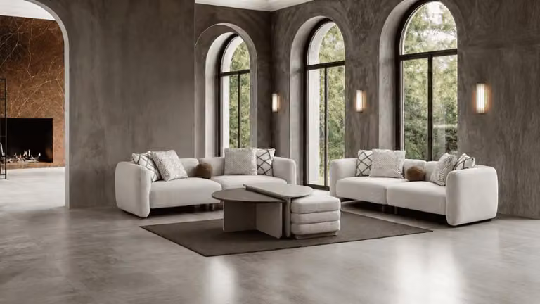 Set per soggiorno color beige: divano modulare a 3 posti, tavolino, poggiapiedi. Stile moderno