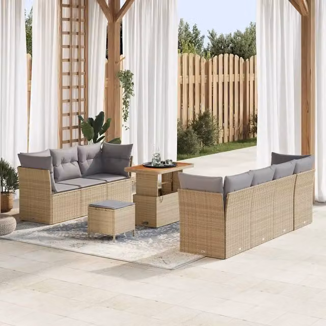 Set Divano da Giardino a Forma di U vidaXL in Polyrattan Beige con Cuscini e Struttura in Acciaio – 1