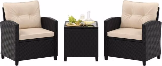 Set da giardino 3 pezzi in rattan con cuscini morbidi, Set di seduta in rattan per giardino e piscina Beige