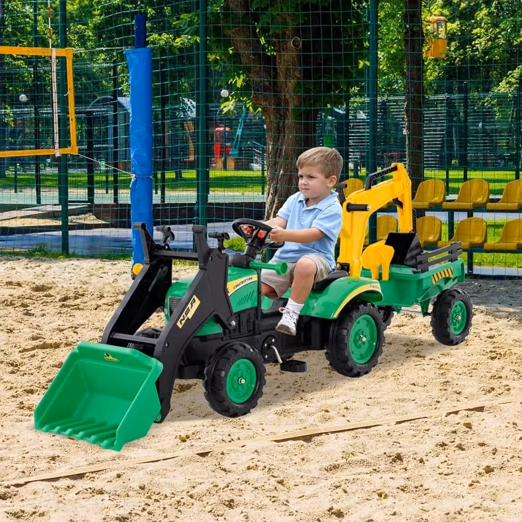 Costway Escavatore a pedali 3 in 1 per bambini con rimorchio staccabile, 6 ruote, 2 benne e funzioni luce e suono, colore verde – 2
