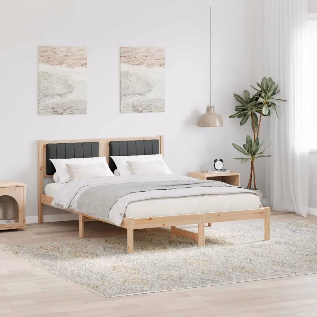 Letto moderno vidaXL con testiera rivestita in tessuto e struttura in legno di pino, Grigio e Marrone, L: 140,5 cm x P: 195,5 cm x H: 85,5 cm – 1