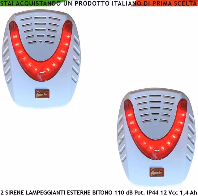 Set di 2 Sirene di Allarme con Led Lampeggiante Esterno Securvera, Colore Bianco o Beige, 115 dB, Alimentazione 12 V