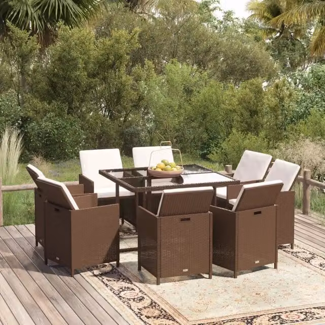 Set Divani da Giardino 9 pz con Cuscini in Polyrattan Marrone 3095513