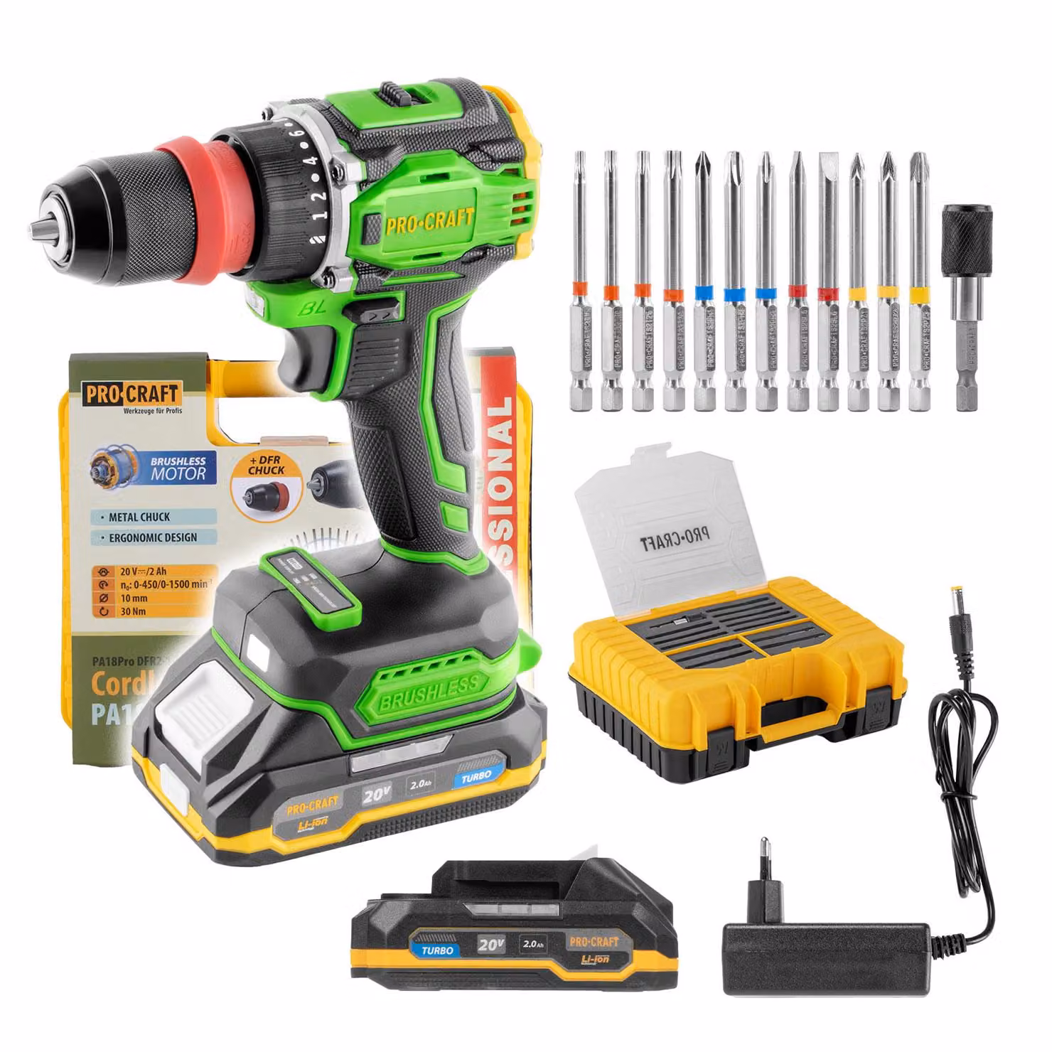 Procraft PA18ProDFR2-1B-C Trapano avvitatore a batteria 20 V 30 Nm Brushless + 1x batteria 2,0 Ah + caricabatterie + set di 13 punte + valigetta