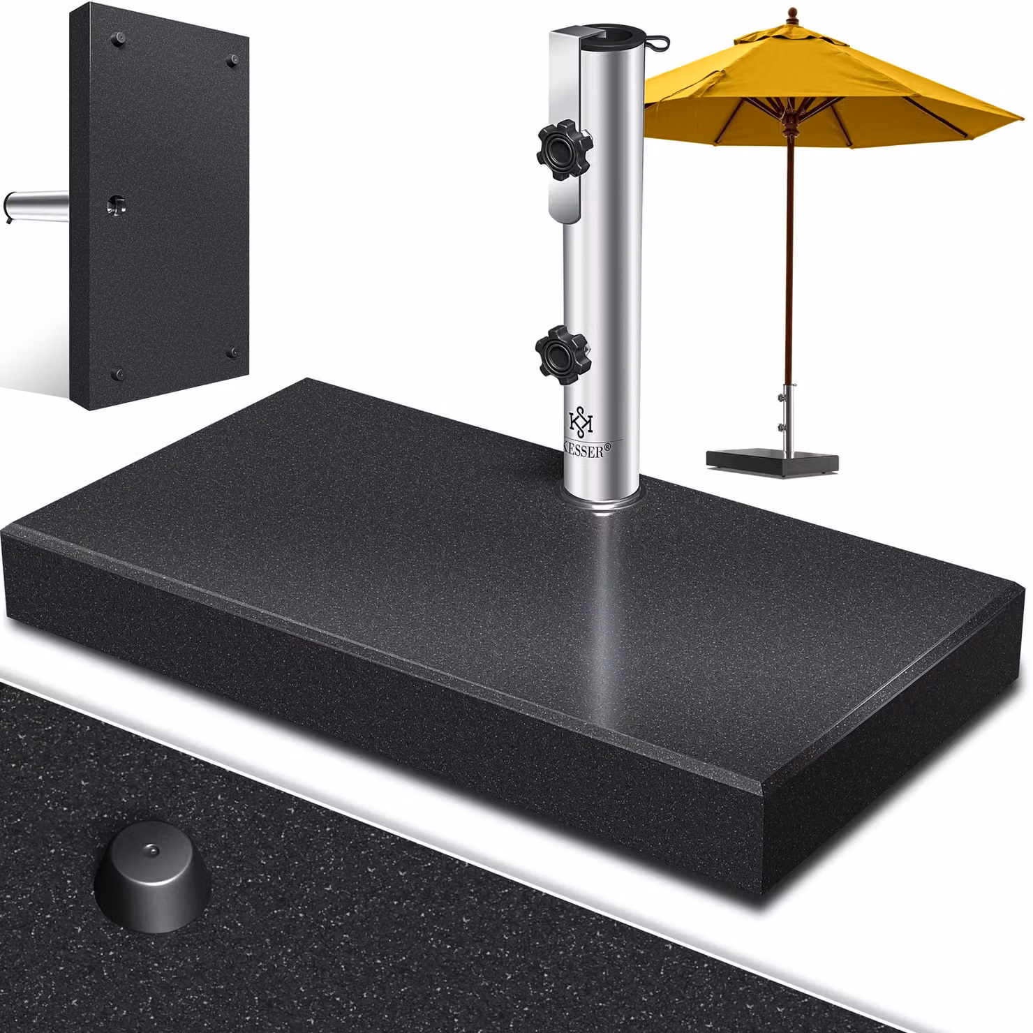 Supporto per ombrellone KESSER® in granito con tubo in acciaio inossidabile, base di alta qualità da 30 kg - per pali di ombrellone da 16 a 48 mm. Include maniglia per il trasporto, ideale per ombrelloni da giardino o da balcone