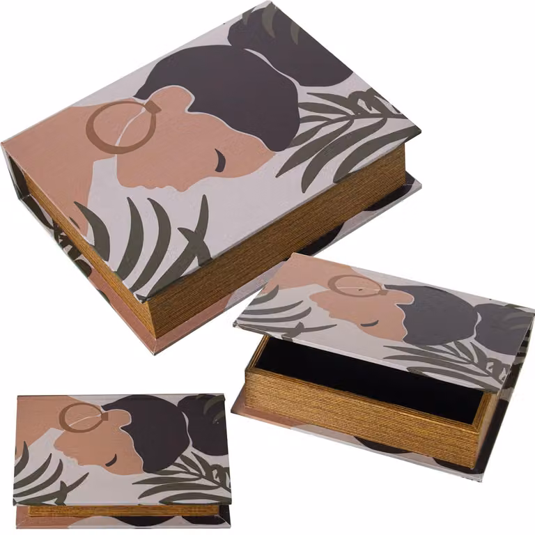 Set di 3 scatole rettangolari in MDF e lino, dimensioni 30x24x8 cm