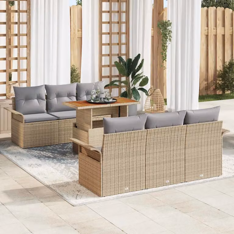 Set Divano da Giardino vidaXL 7 pz con Tavolino, Beige e Grigio