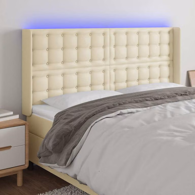 Testiera per letto vidaXL in similpelle beige con illuminazione LED integrata e porta di ricarica USB, L 147 cm x P 16 cm x H 118/128 cm