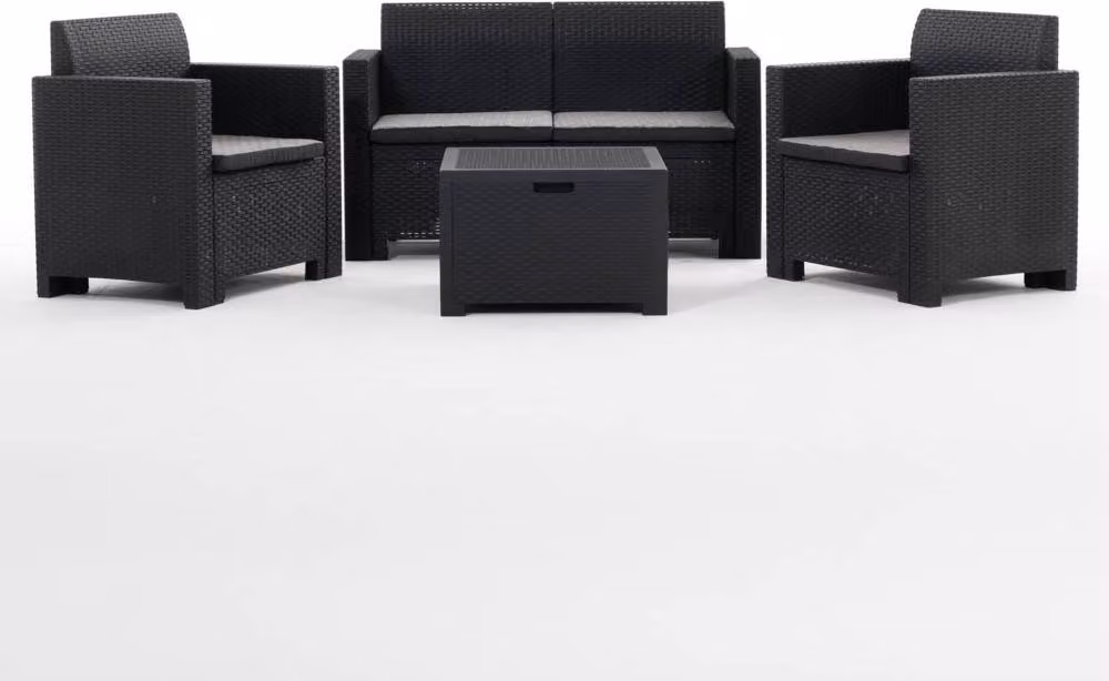 Set da giardino in resina effetto rattan con divano a 2 posti, 2 poltrone e tavolino portaoggetti - leggero, di facile manutenzione e con cuscini sfoderabili, ideale per giardino, patio e balcone - SALINA - antracite