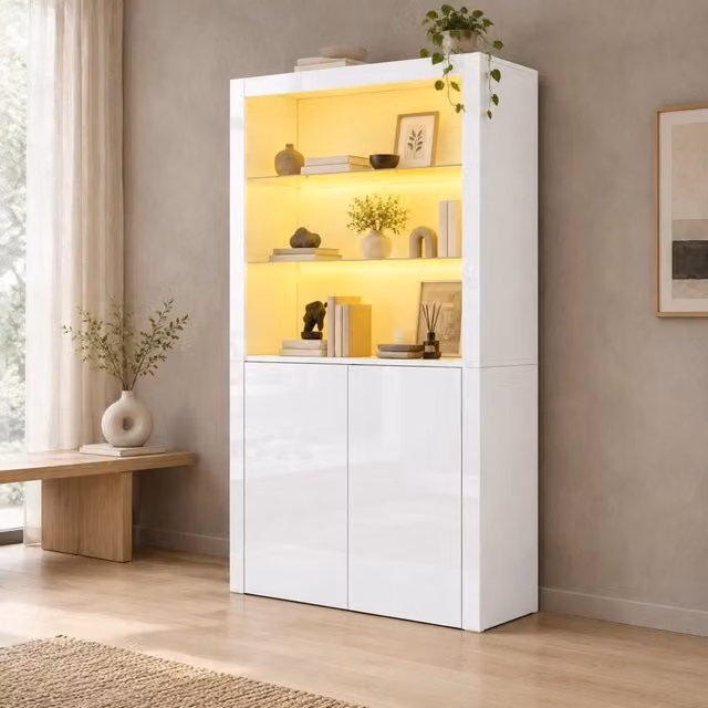 Vetrina 100x35x170 cm bianca in MDF, LED multicolore e ante doppie