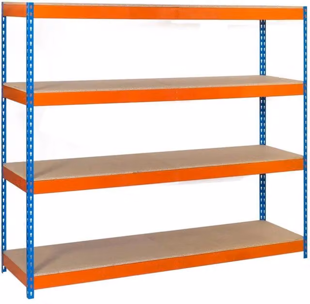 Scaffale in metallo e legno Simon Rack con 4 ripiani, colore blu, arancio e legno, H 200 cm x L 150 cm x P 90 cm