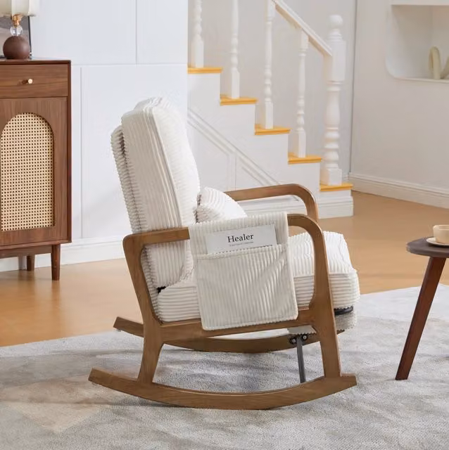Sedia a dondolo 70x80x92 cm con poggiapiedi e tasca laterale; legno e corduroy beige