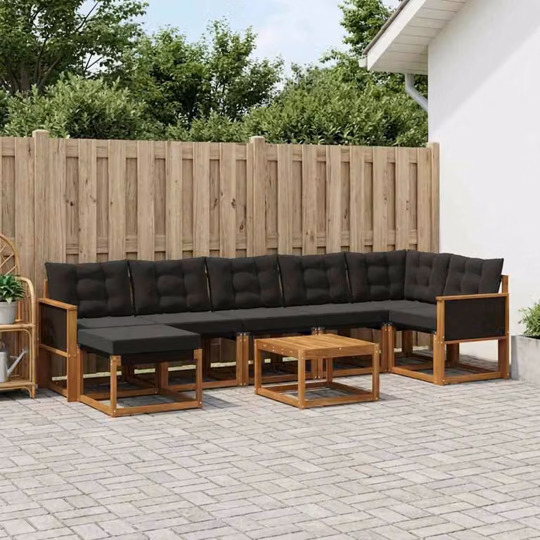 Set di divani da esterno vidaXL 8 pz in legno di acacia con cuscini, colore marrone e nero