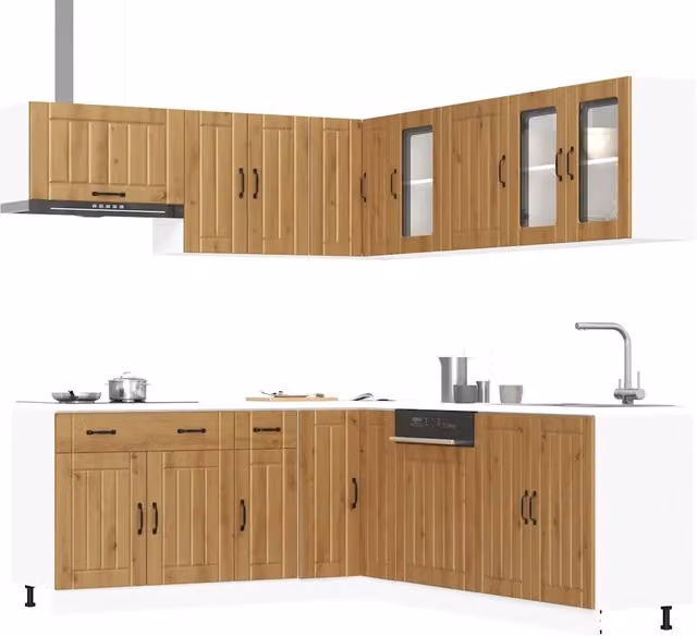 Set Mobili da Cucina Angolare vidaXL in Legno e Vetro Marrone con Ante a Battente e Mensole Aperte