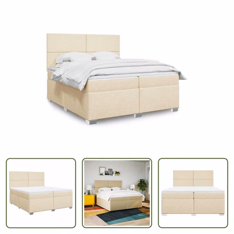 The Living Store Letto a molle con materasso crema 200x200 cm in tessuto