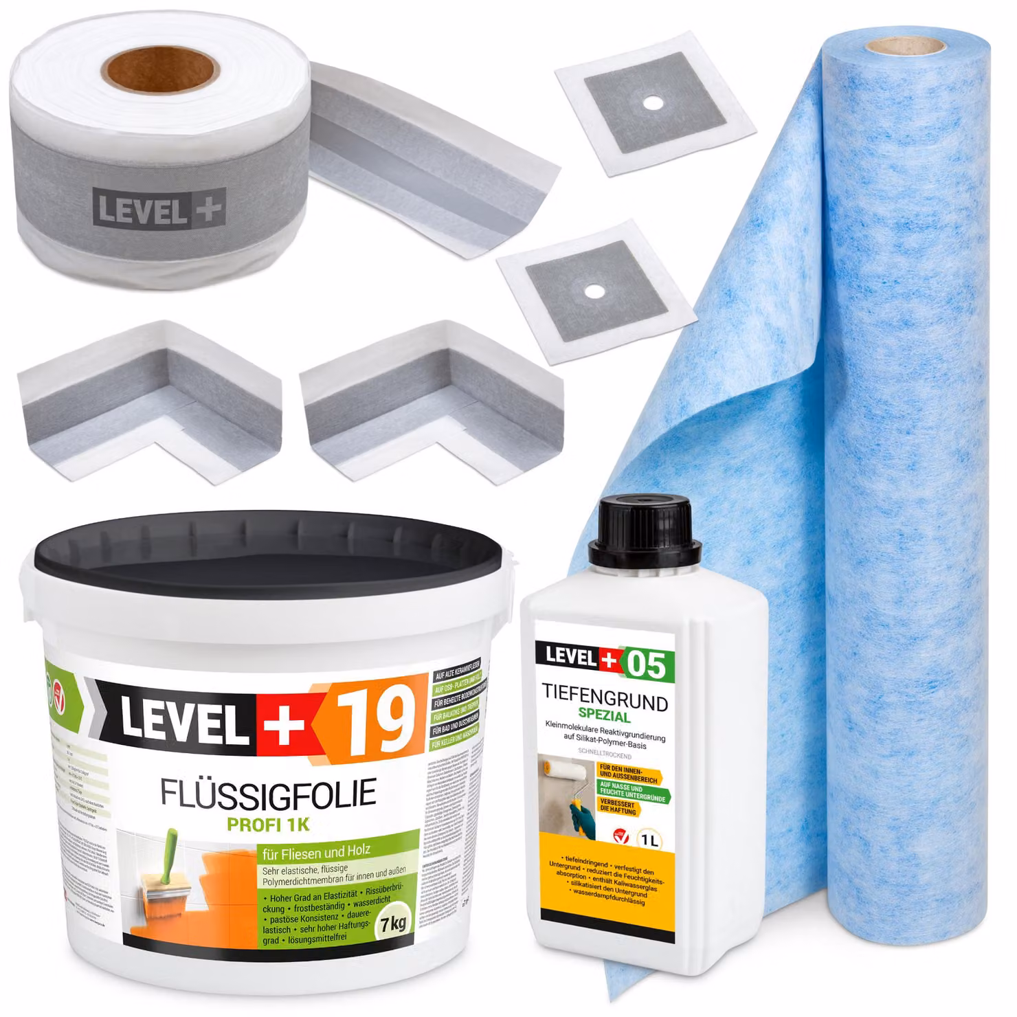 Kit di impermeabilizzazione Membrana liquida 7 kg Nastro 5 mb Primer 1 l Polsini Angoli Tappeto bagno LEVEL+ SET544