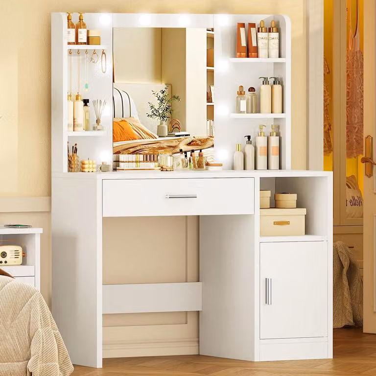 Comò da trucco con specchio e illuminazione, 3 modalità di luce, bianco, con cassetti e ripiani