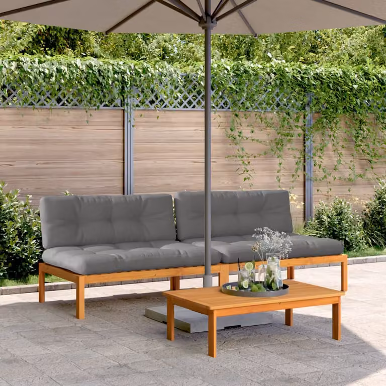 Set di 2 divani centrali da giardino vidaXL in legno massello di acacia con cuscini imbottiti, colore marrone e grigio