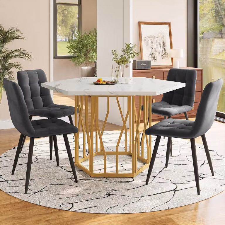 Tavolo da pranzo esagonale, set da 5 pezzi, 115,5x100x75 cm, grigio e oro, con 4 sedie in velluto