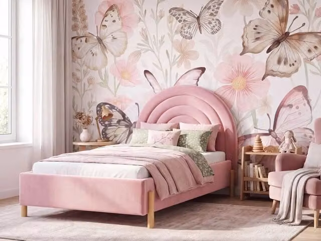 Letto Singolo con Contenitore BELIANI in Tessuto Bouclé Rosa con Testiera a Mezza Luna Design Retro L/P/H: 90 x 200 x 110 cm – 1