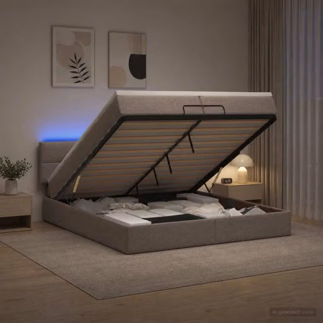 Letto Ottomano con Materasso Ibrido e Illuminazione LED vidaXL, Colore Beige e Grigio, L/P/H: 200 x 200 x 88 cm