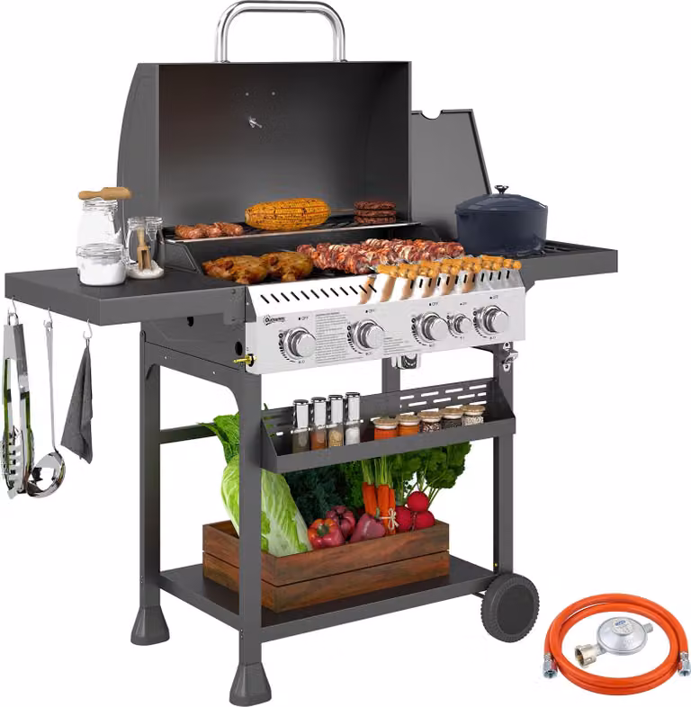 Barbecue a gas, griglia BBQ, 4 bruciatori principali, 1 bruciatore laterale, 1 piastra riscaldante; 135 x 55 x 103 cm, nero