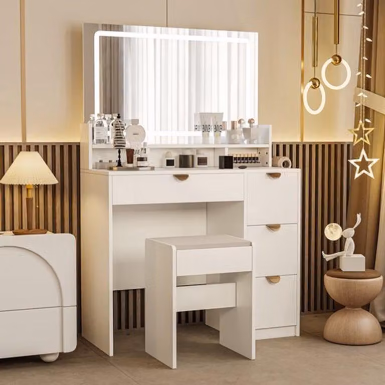 Comò con illuminazione a LED e specchio - Quattro cassetti - Include uno sgabello - Design moderno