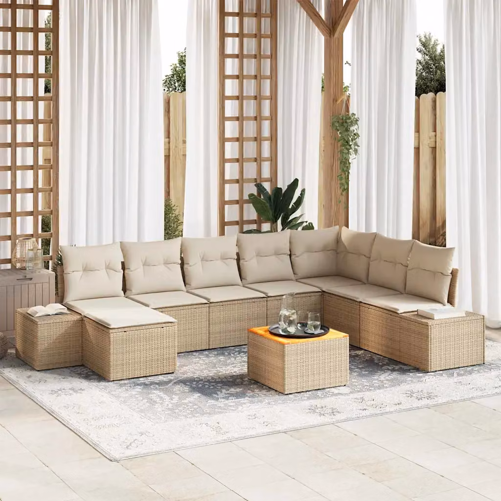Set Divano da Giardino a L vidaXL 9 pz Beige con Cuscini e Tavolino in Polyrattan e Metallo – 1