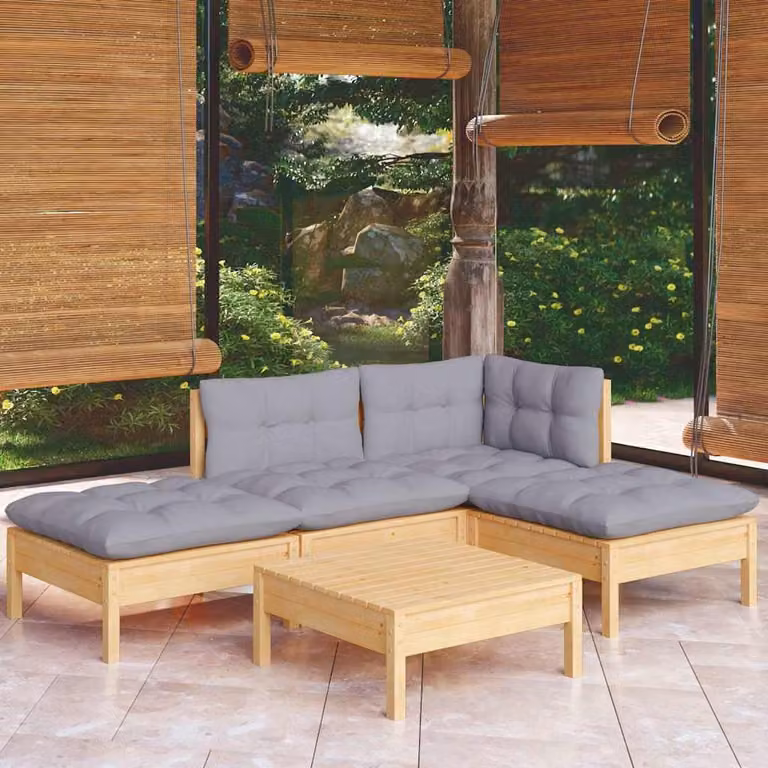 Set Divani da Giardino vidaXL 5 Pezzi in Legno di Pino con Cuscini Grigi e Ottoman a Forma di L