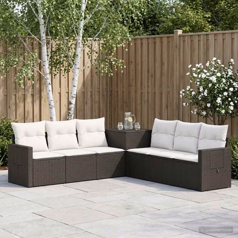 Set di divani da giardino vidaXL 7 pezzi a forma di L con struttura in acciaio nero e cuscini bianco crema