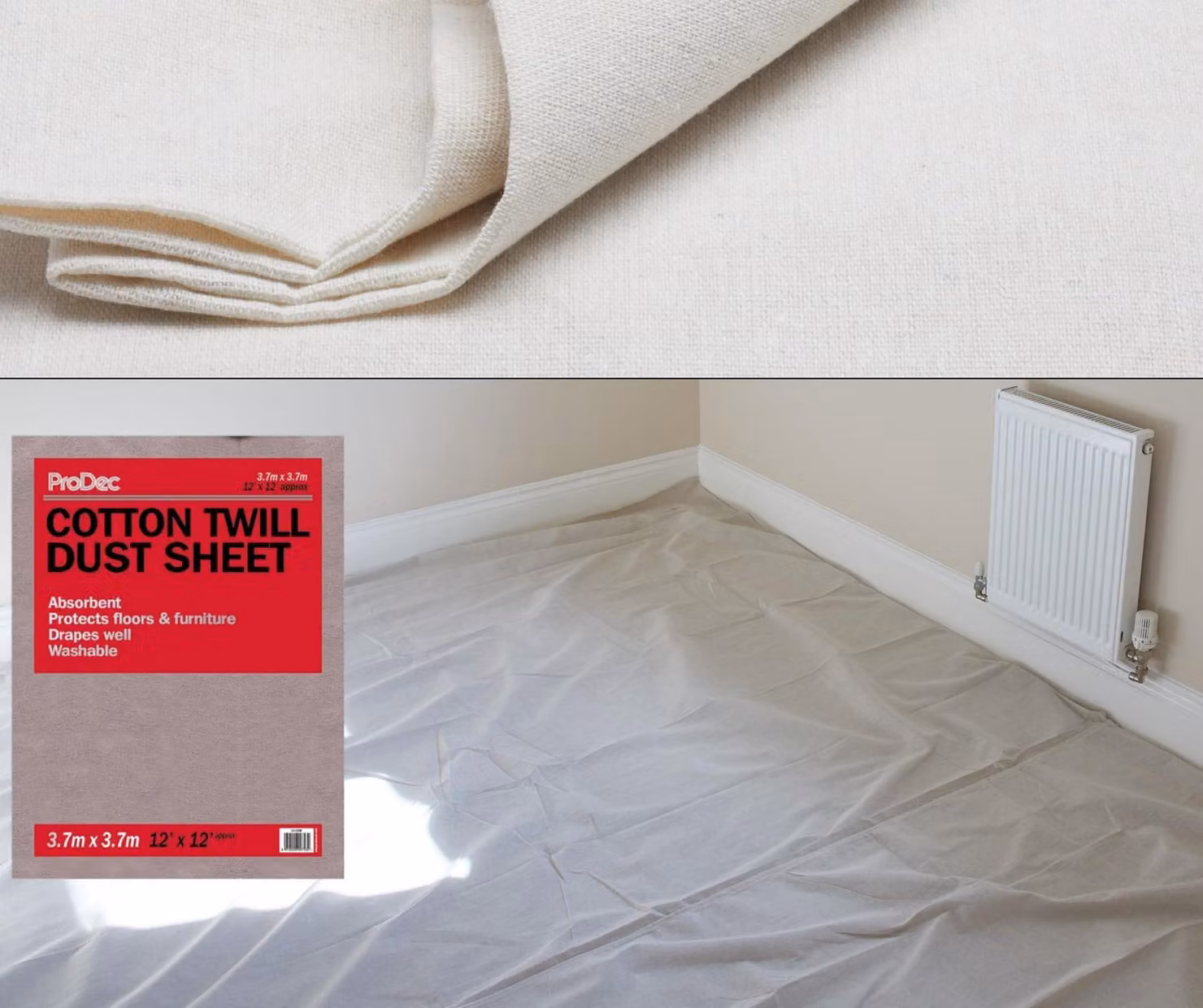 ProDec, telo protettivo in cotone di dimensioni 3,6 m x 3,6 m, ideale per proteggere superfici durante lavori di decorazione e verniciatura