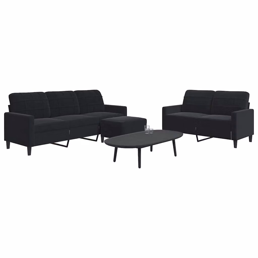 Set di divani vidaXL 3 pezzi in velluto nero con pouf e cuscini, design moderno con struttura in metallo per il tuo soggiorno – 1