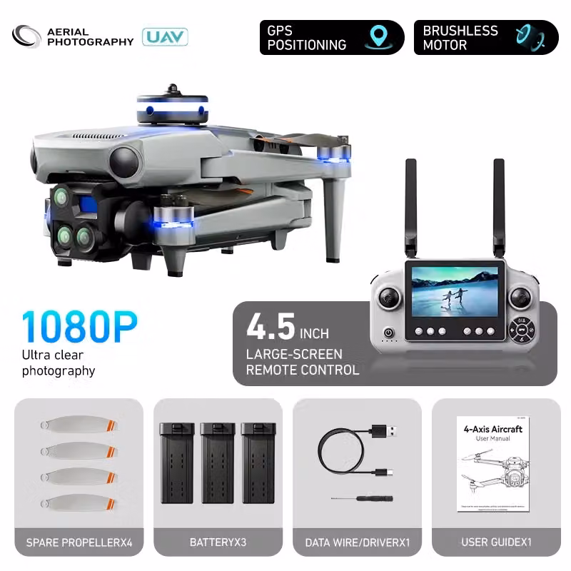 Drone pieghevole PT50 con doppia telecamera 1080P, GPS, sensore anti-collisione e 3 batterie da 2700mAh, colore grigio – 2