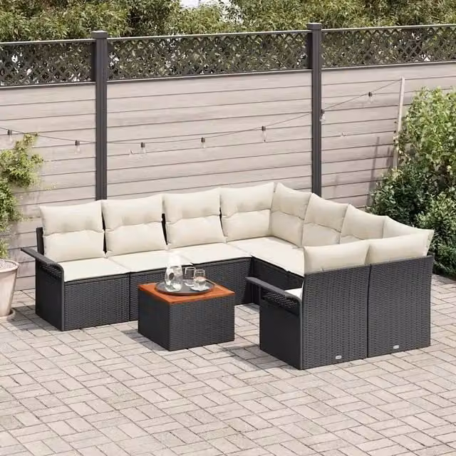Set Divano da Giardino 9 pz 8-Numero di posti Nero e Crema 3355975