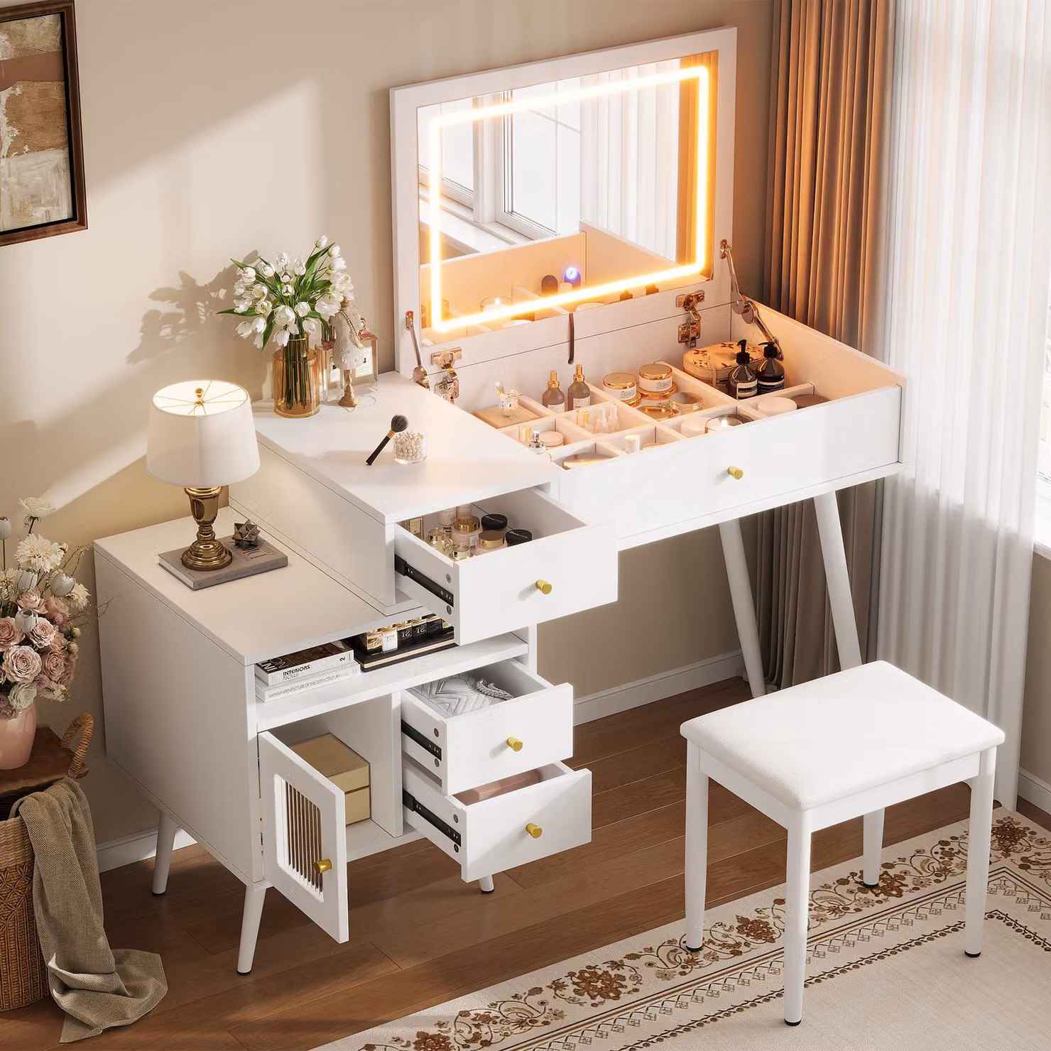 Comò da trucco con specchio pieghevole, comò con cassetto, tavolino da trucco/scrivania con sgabello, comò da trucco con armadietto, dimensioni 120x77,5x50 cm, bianco