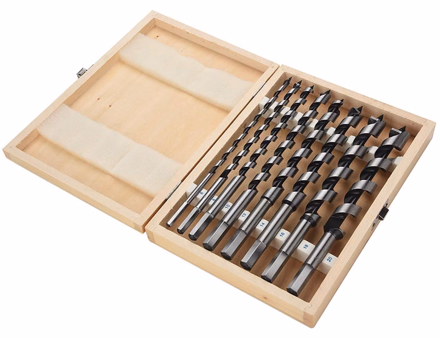 Set di 8 punte da trapano con custodia in legno, ideale per la lavorazione del legno