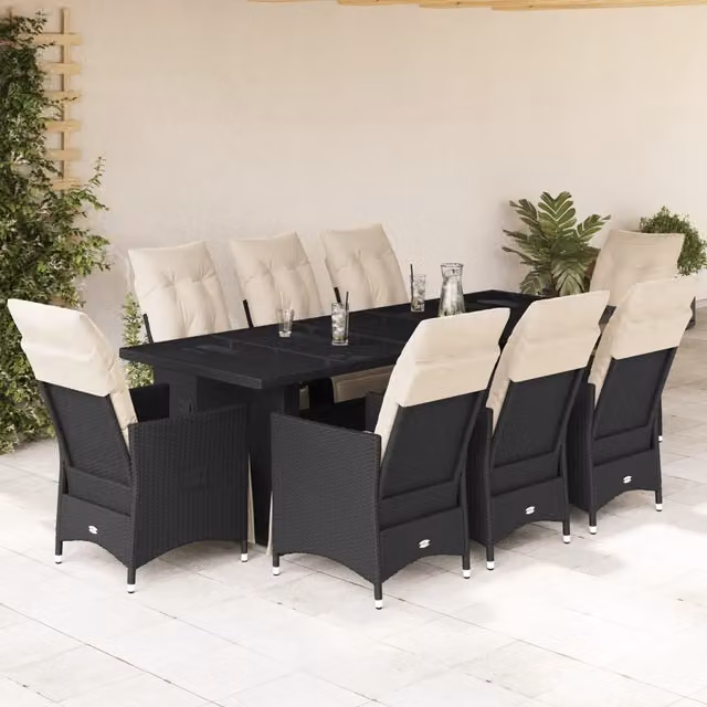 Set Bistrò da Giardino vidaXL 9 pz in Polyrattan Nero con Piano in Vetro e Cuscini – 1