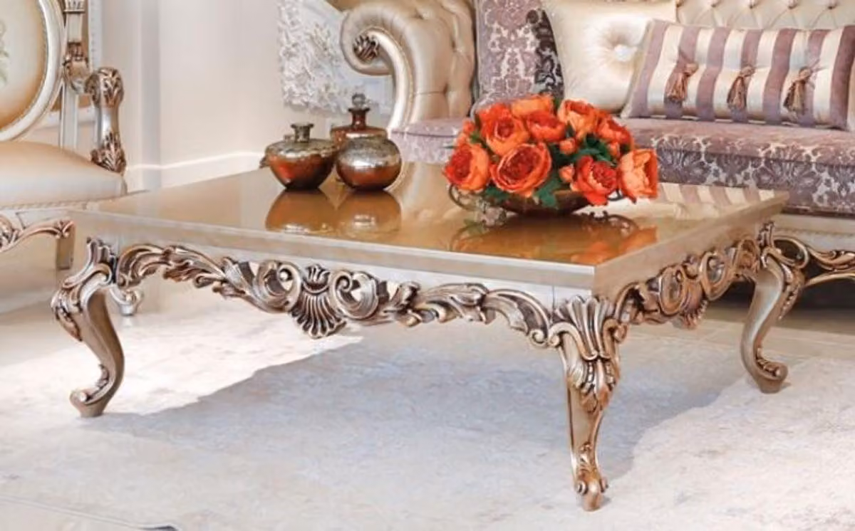 Casa Padrino tavolino barocco beige/rame 133 x 92 x h. 45 cm - Magnifico tavolo da salotto in legno massiccio con decorazioni nobili - Mobili da salotto barocchi