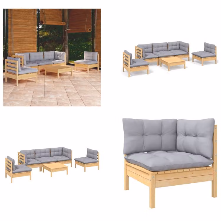 vidaXL set salotto da giardino 6 pezzi con cuscini grigi in pino massiccio - Set salotto da giardino - Set salotto da giardino - Set mobili da giardino - Set mobili da giardino