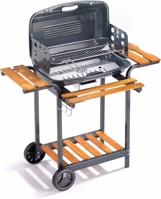 Barbecue a carbone Ompagrill Saturno/Rcn in acciaio nero con carrello e dettagli in legno L: 120 cm, P: 60 cm, H: 105 cm