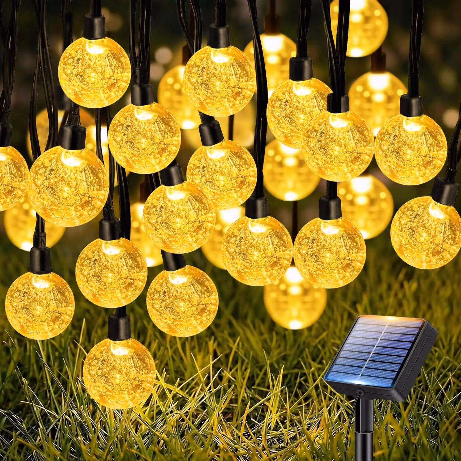 Catena luminosa a LED con sfera di vetro trasparente, 15 metri, 50 LED, alimentazione solare, luce bianco caldo