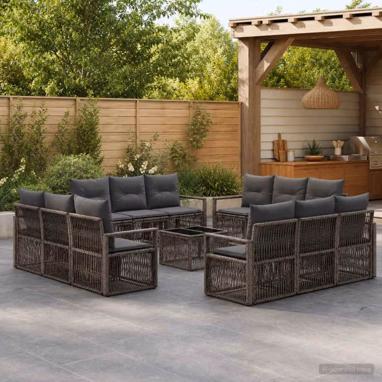 Set Divano da Giardino vidaXL 13 pz Grigio in Polyrattan con Tavolino e Cuscini Imbottiti a Forma di U