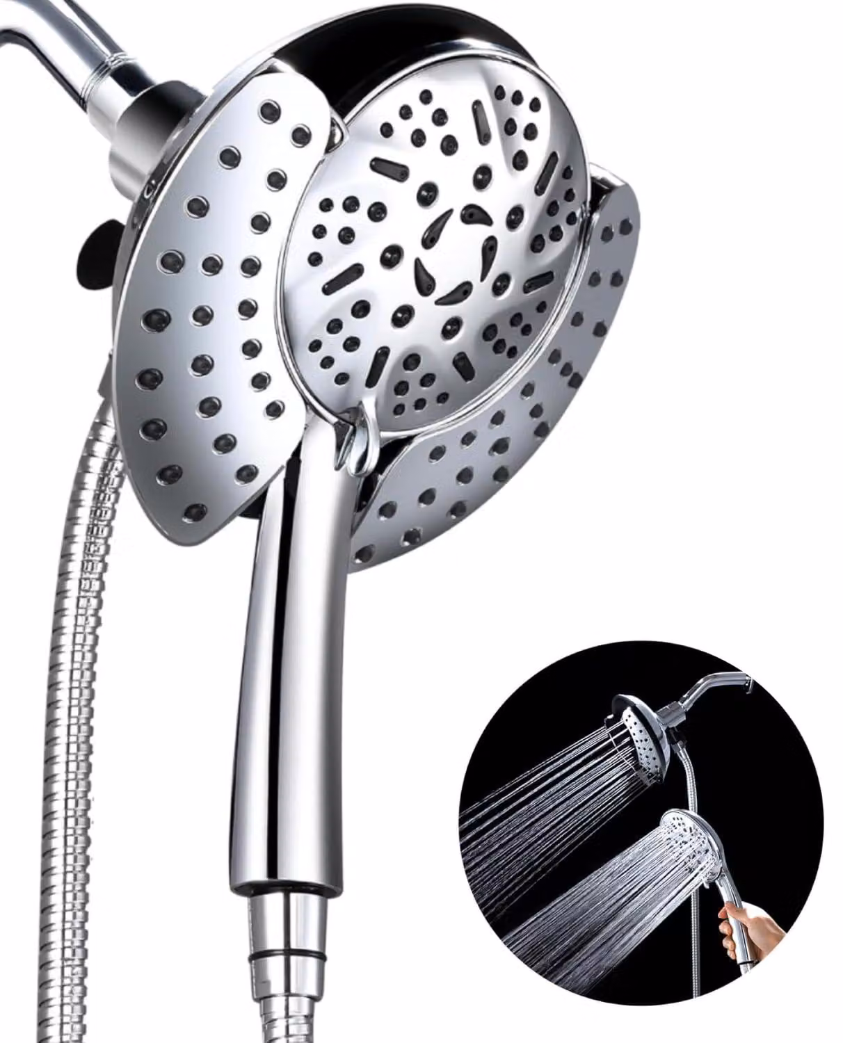 Doccia multifunzione 2-in-1 con soffione e doccetta manuale, 9 tipi di getto, acciaio inossidabile, cromato, portata d'acqua di 2,5 GPM