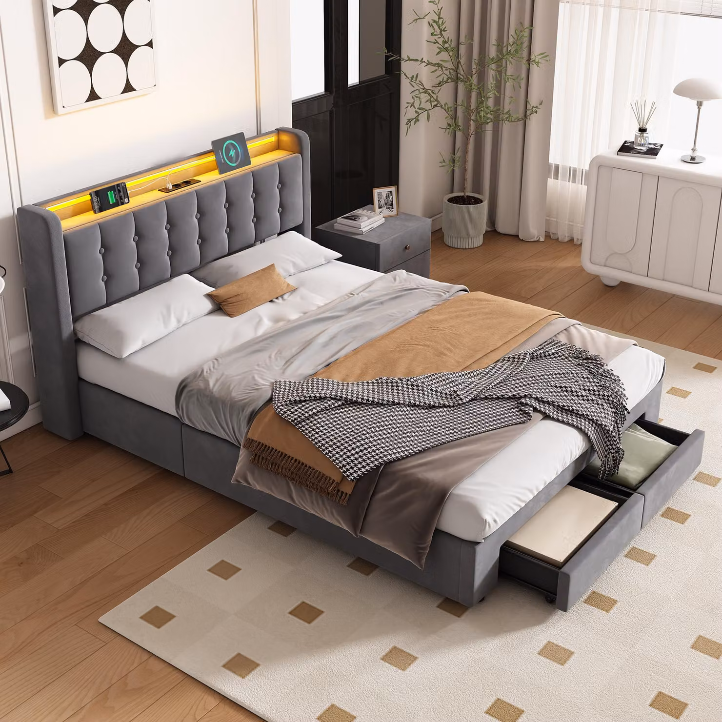 Letto imbottito MODFU 140x200 per ragazzi con luce LED e prese di corrente, struttura letto a molle con cassetti e rete, letto contenitore, grigio (senza materasso)