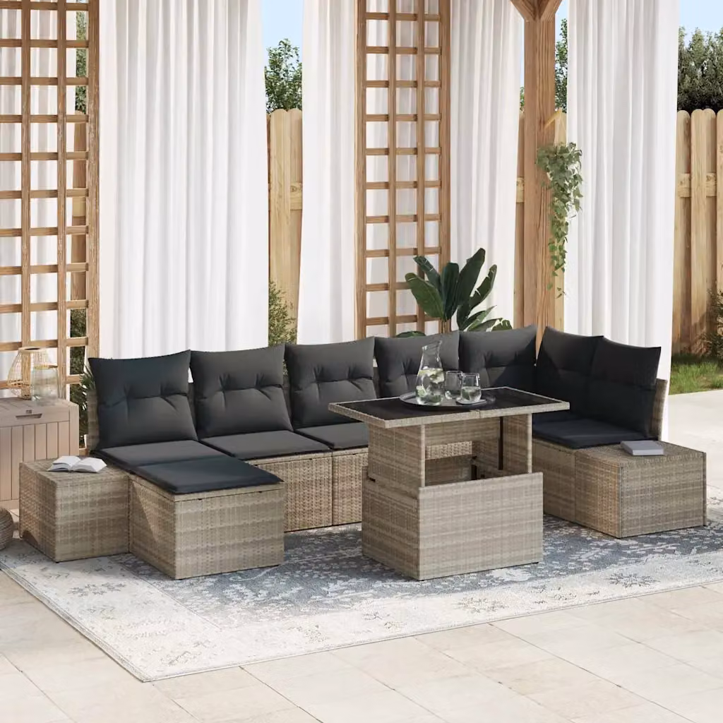 Set Divano da Giardino vidaXL 8 Pezzi Grigio con Cuscini e Tavolino da Esterno in Polyrattan e Metallo – 1