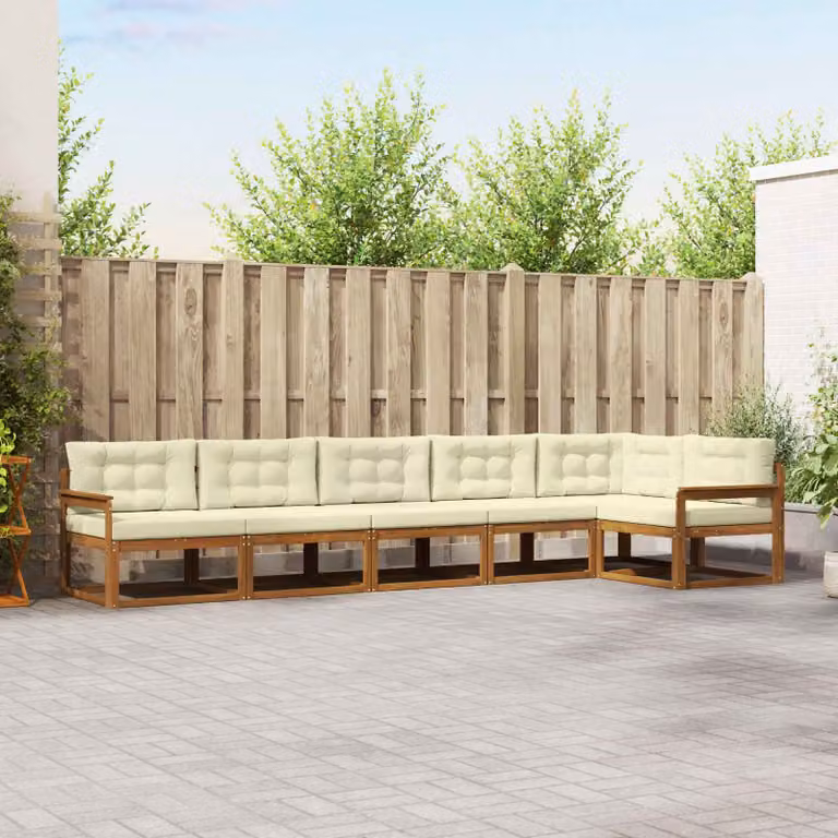 vidaXL Set di divani da esterno a L in legno di acacia con cuscini, 6 pezzi, Beige e Marrone