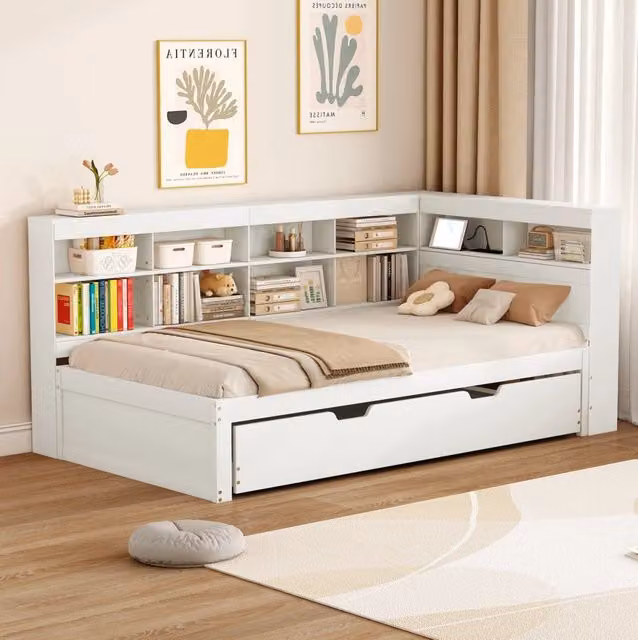 Letto singolo 90x200 cm con letto estraibile; USB e vani portaoggetti in legno